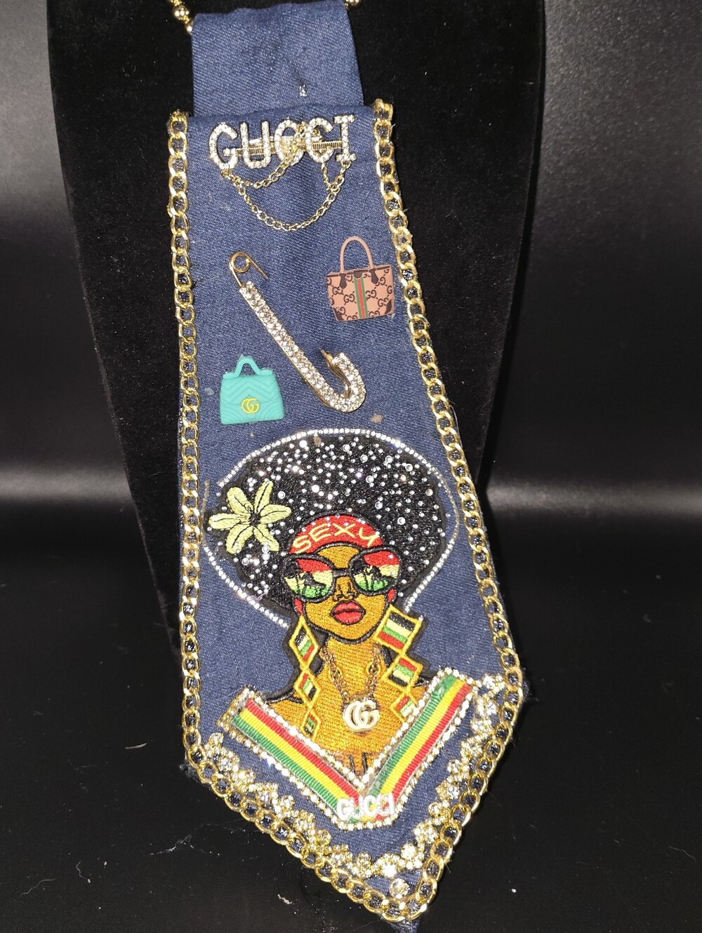 Denim Embellished One Of A Kind Tie Necklace